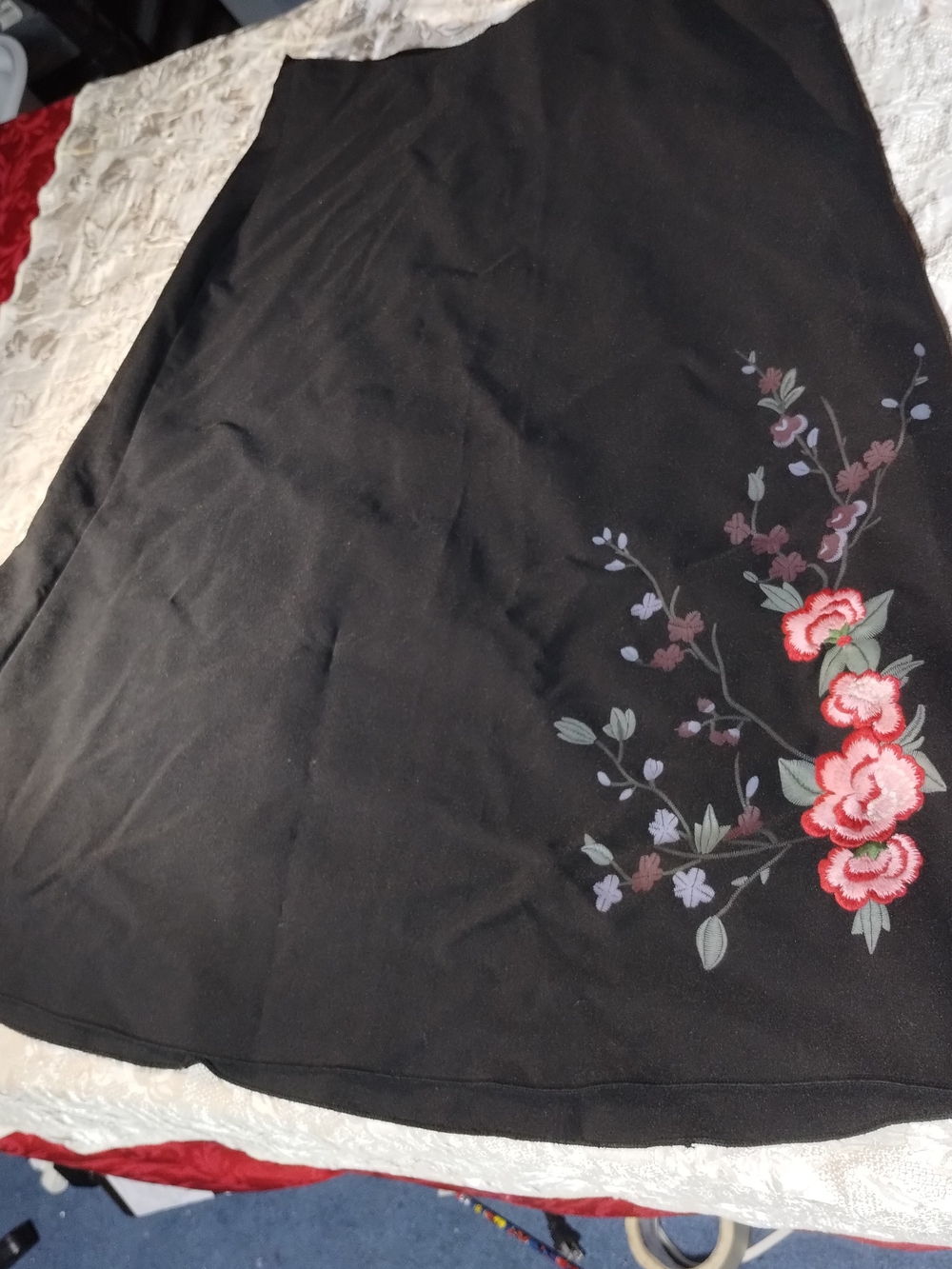 Black A-Line Skirt with Pink Floral Embroidery